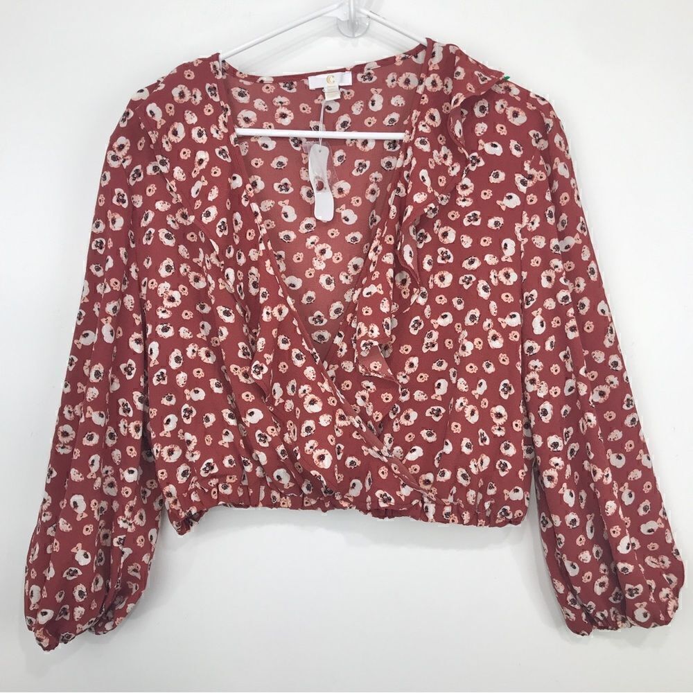 Charming Charlie Burnt Orange Ruffled Wrap Front Autumn Crop Blouse NEW
